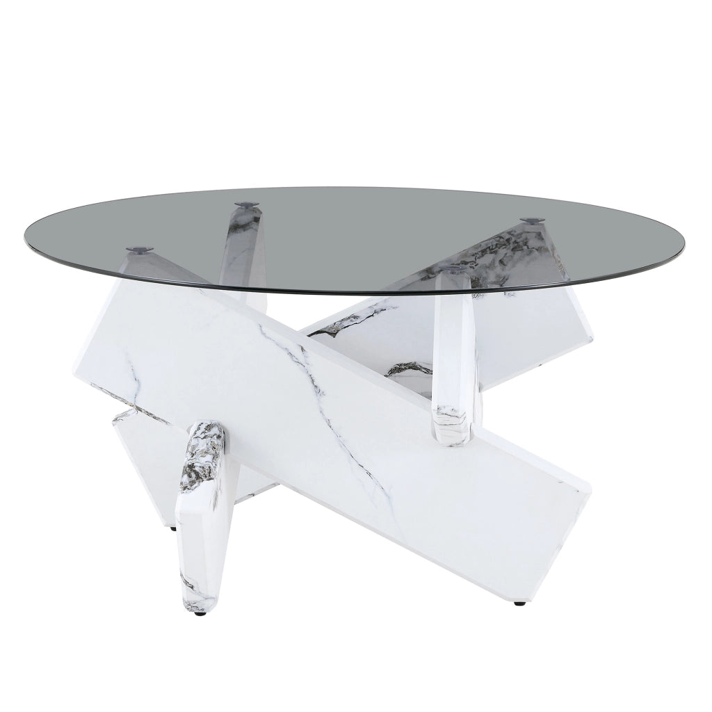 Tavolino rotondo da soggiorno con piano in vetro temperato e base stabile in MDF effetto marmo, bianco
