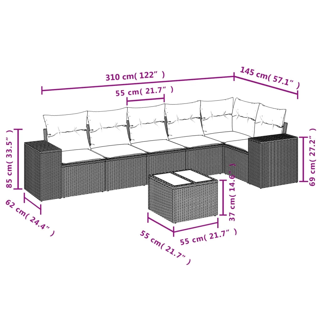 Set Divani da Giardino 7 pz con Cuscini Beige in Polyrattan