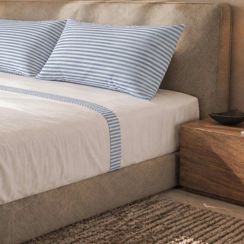 Set Lenzuola Letto Una Piazza e Mezza in Puro Cotone | Completo Letto 1 Piazza e Mezza | Lenzuolo con angoli, Lenzuolo Piano e 1 Federa | Lenzuola in Cotone con Balza a Righe Celeste