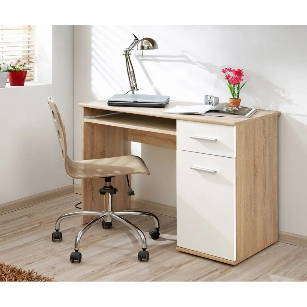Scrivania bambino DENVER – Con cassetto, porta e scaffale scorrevole – Design in rovere e bianco
