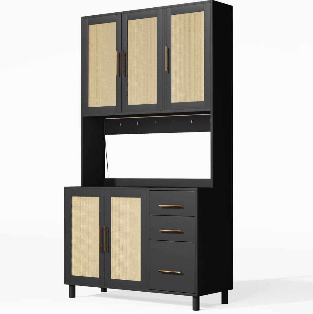 Credenza con LED controllabile da app in rattan; MDF; nero