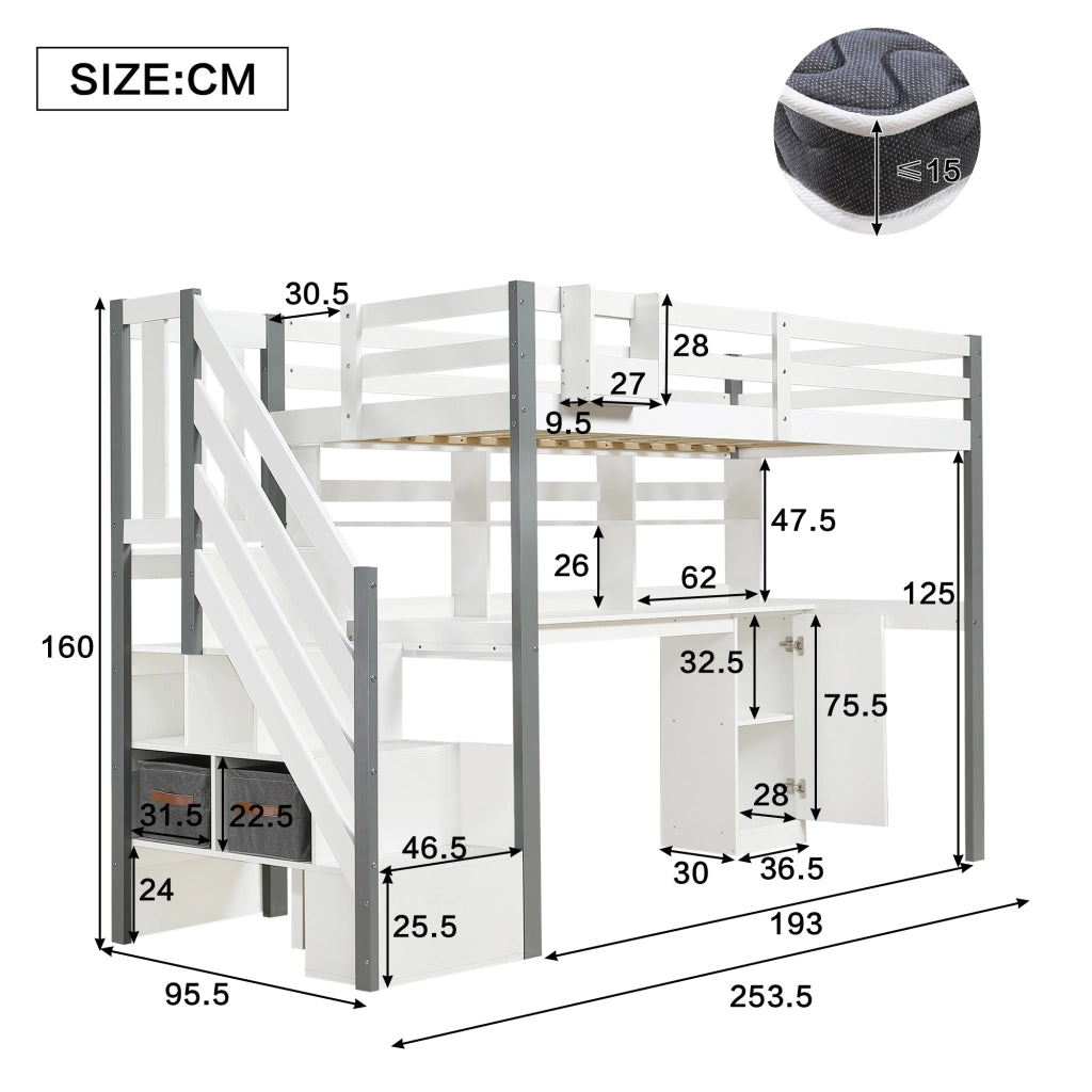 LETTO a soppalco con scrivania e scaffale, 90 x 200 cm, bianco/grigio