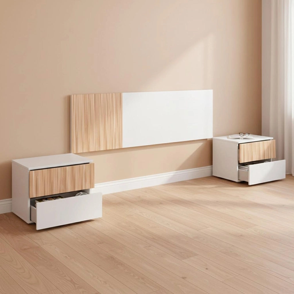 Testiera Matrimoniale Con Due Comodini Dotati Di Due Cassetti Design Scandinavo Con Fissaggio A Parete  160 Cm Bianco E Legno Naturale