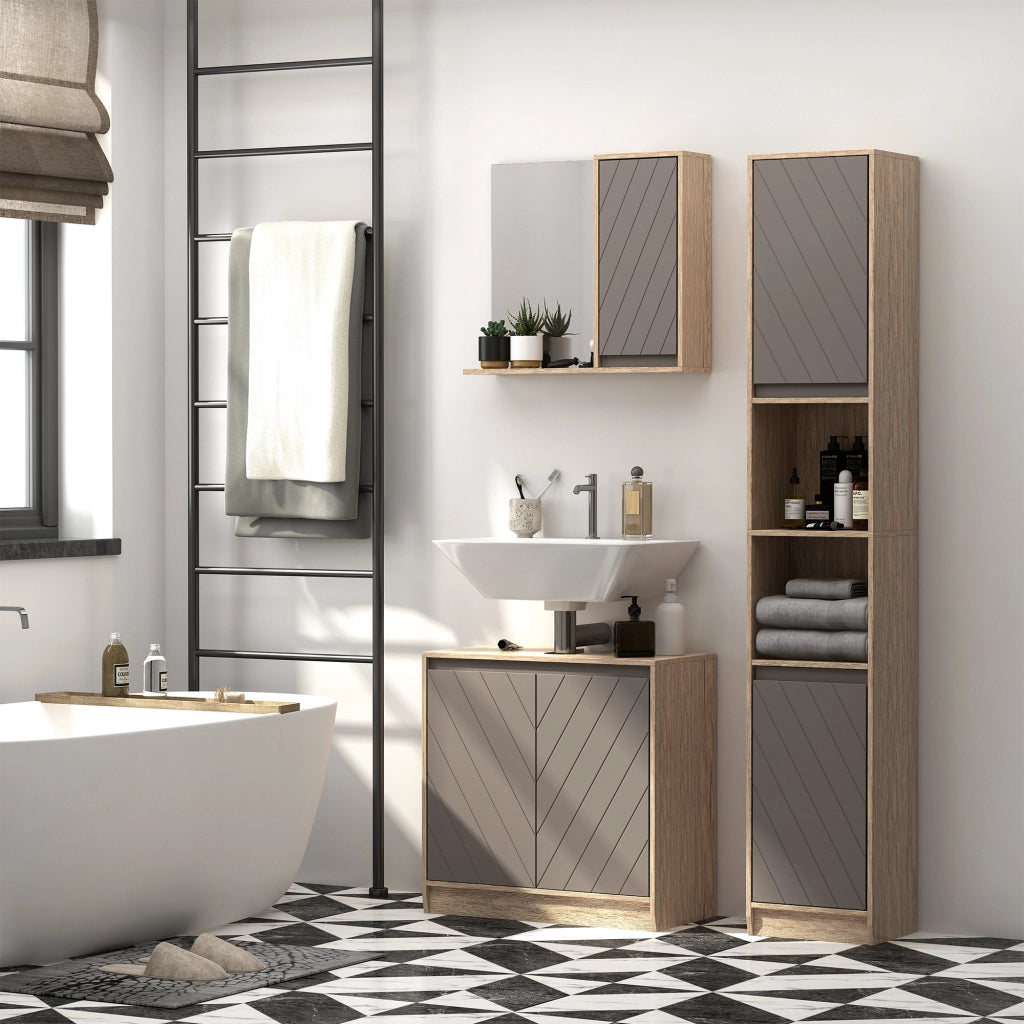 EasyComfort Mobiletto Bagno Salvaspazio da Bagno Sospeso con Specchio e Armadietto, incluso Ripiano Regolabile, Grigio e Rovere