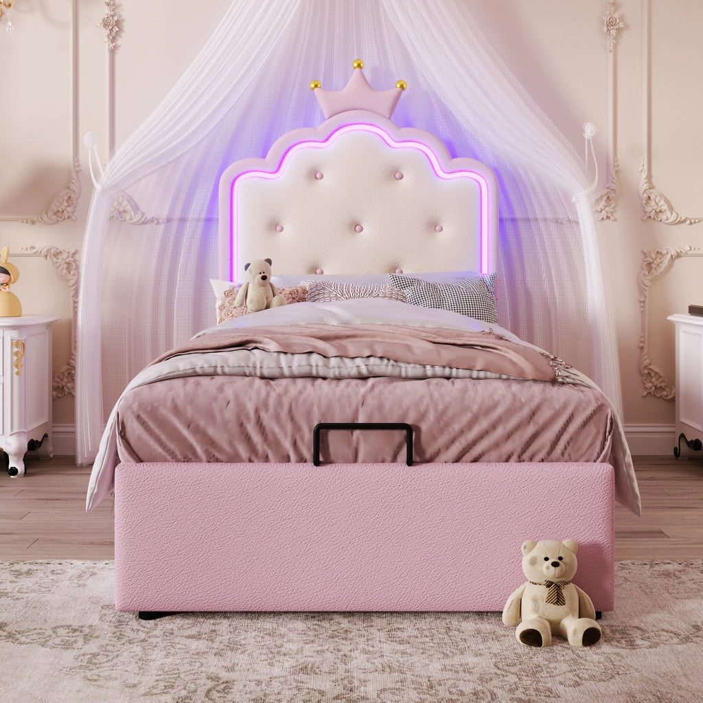 Letto per bambini imbottito 90×200 cm con rete; contenitore idraulico e LED; senza materasso; PU; rosa