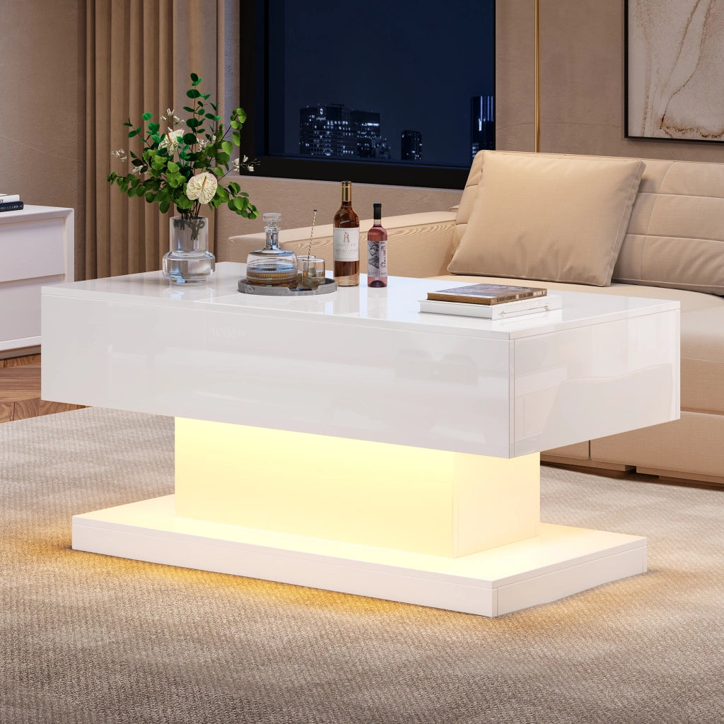 Tavolino da salotto bianco lucido 100x50x45 cm con sollevamento idraulico, funzione scorrevole laterale, LED e vano contenitore