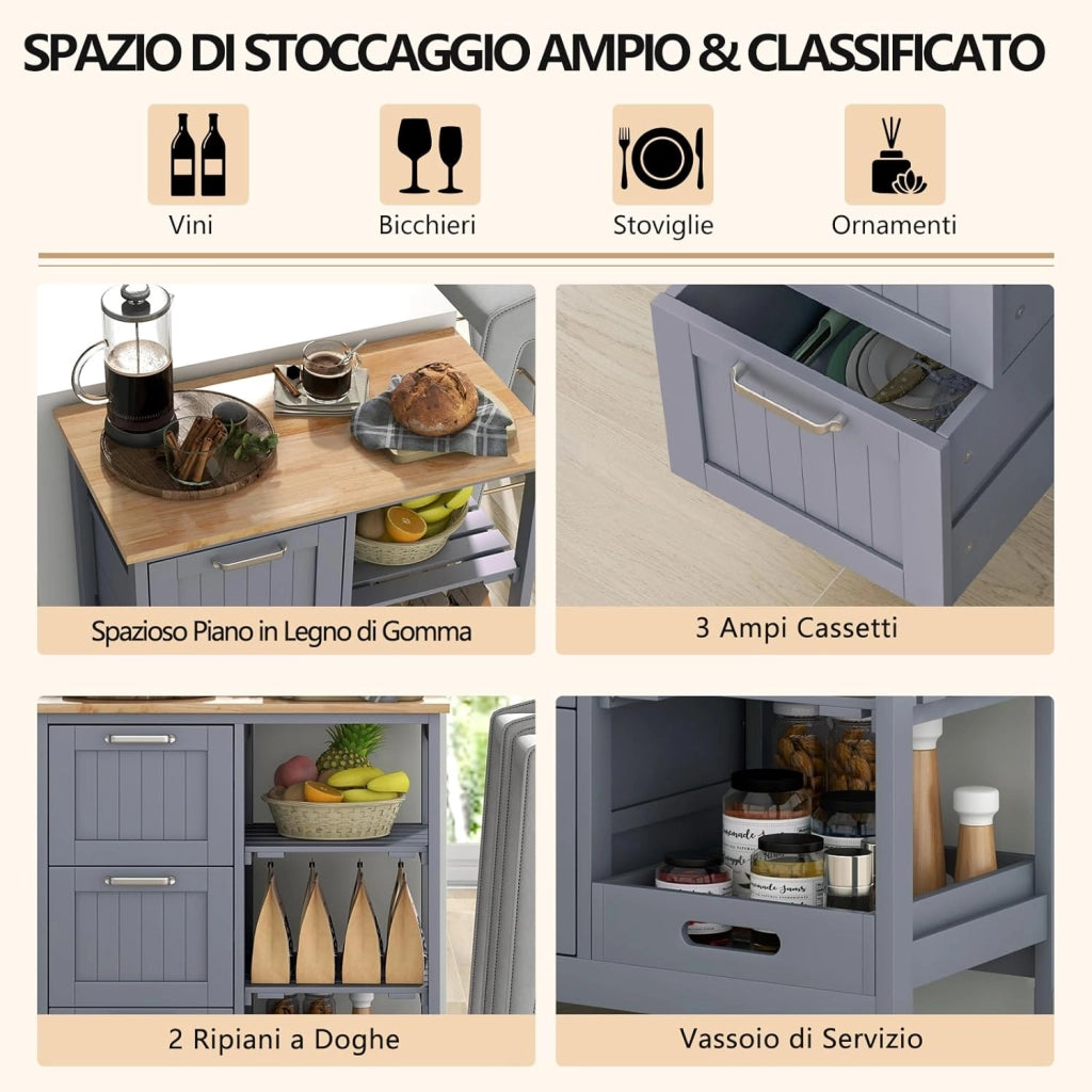 Carrello da Cucina con Ruote, Credenza Cucina con 4 Ripiani e 3 Cassetti, in Legno, Ideale per Cucina Ristorante e Bar, 67 x 37 x 83,5 cm (Grigio)