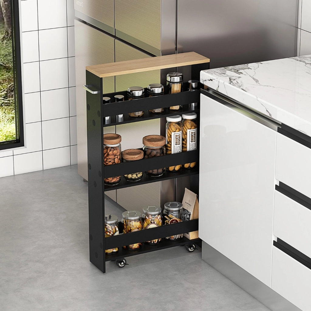 Carrello portaoggetti da cucina con maniglia ruote, Scaffale mobile salvaspazio con scaffali stretti Nero