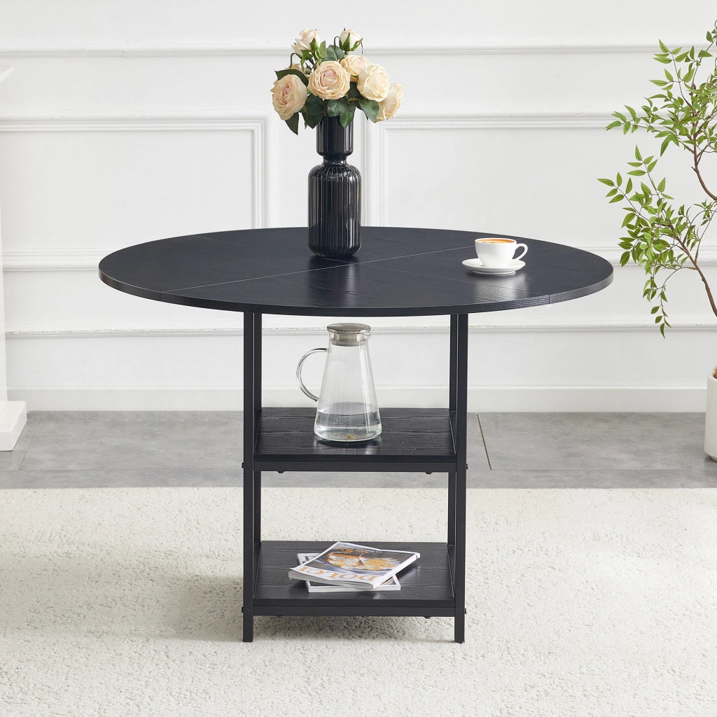 Tavolo da pranzo rotondo - Zephmum- 107 cm, piano MDF nero + struttura metallica, doppio piano di stoccaggio