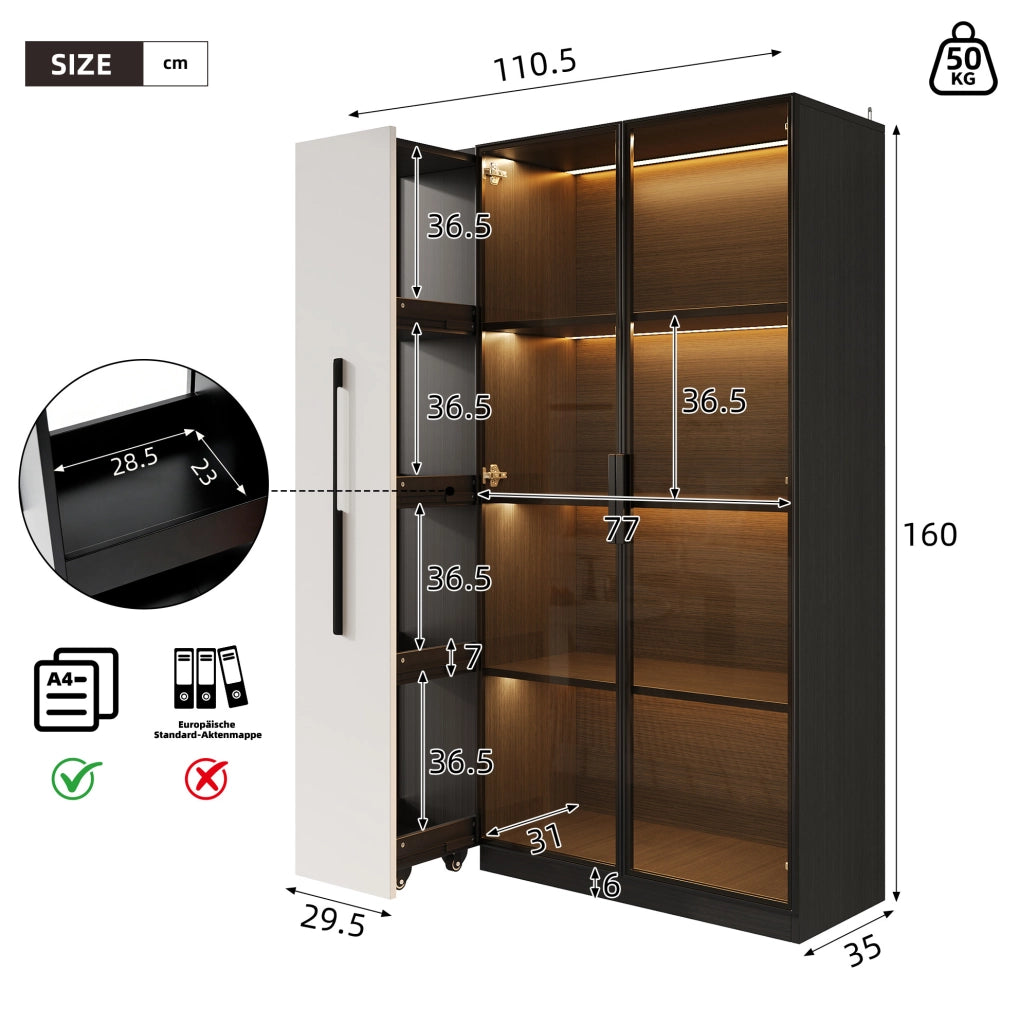 Vetrina 110.5x35x160 cm con LED e vano estraibile laterale in MDF e vetro nero