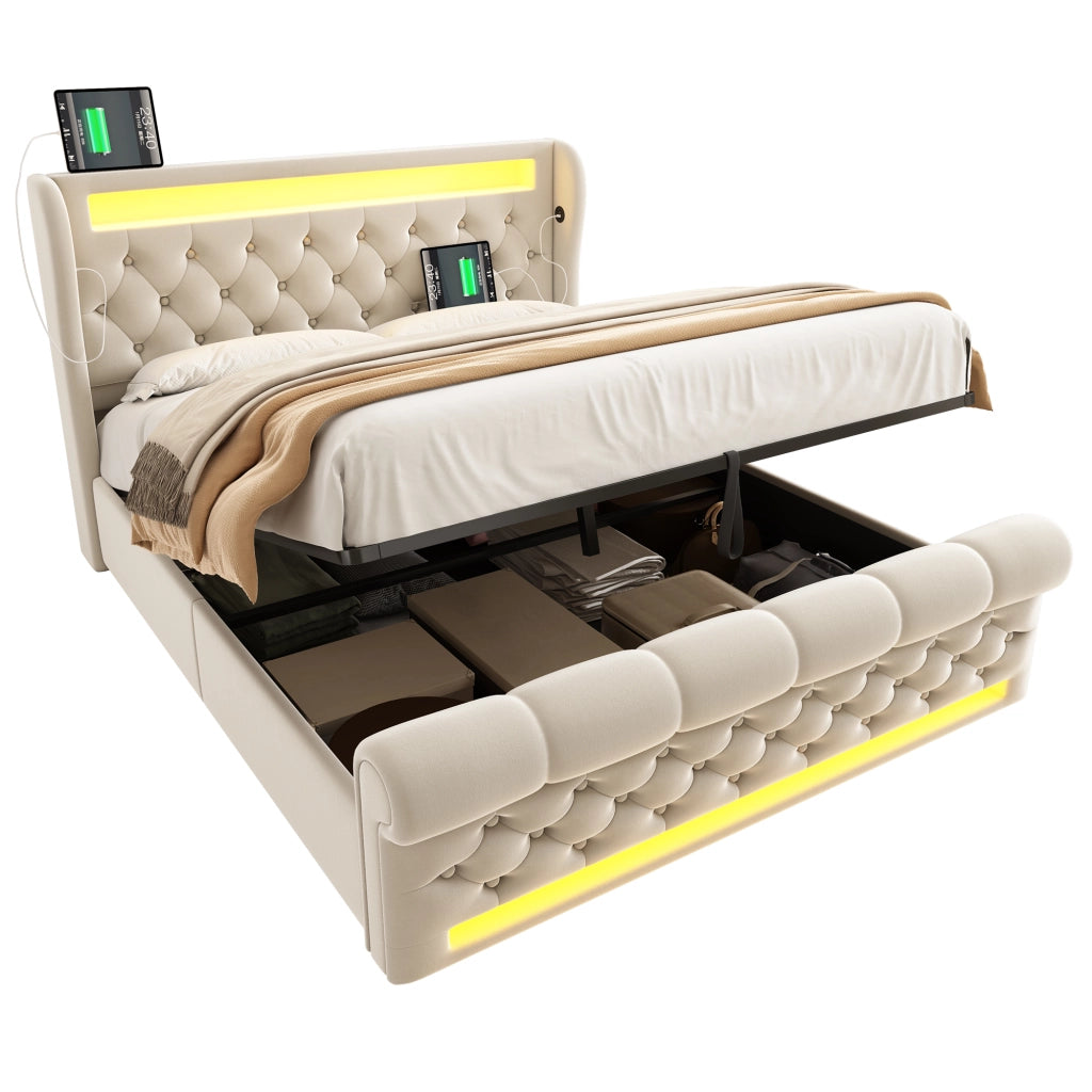 Letto Contenitore Matrimoniale Imbottito con LED ¨C MINIMAL ¨C Velluto Beige 140x190, Testiera USB, Idraulico