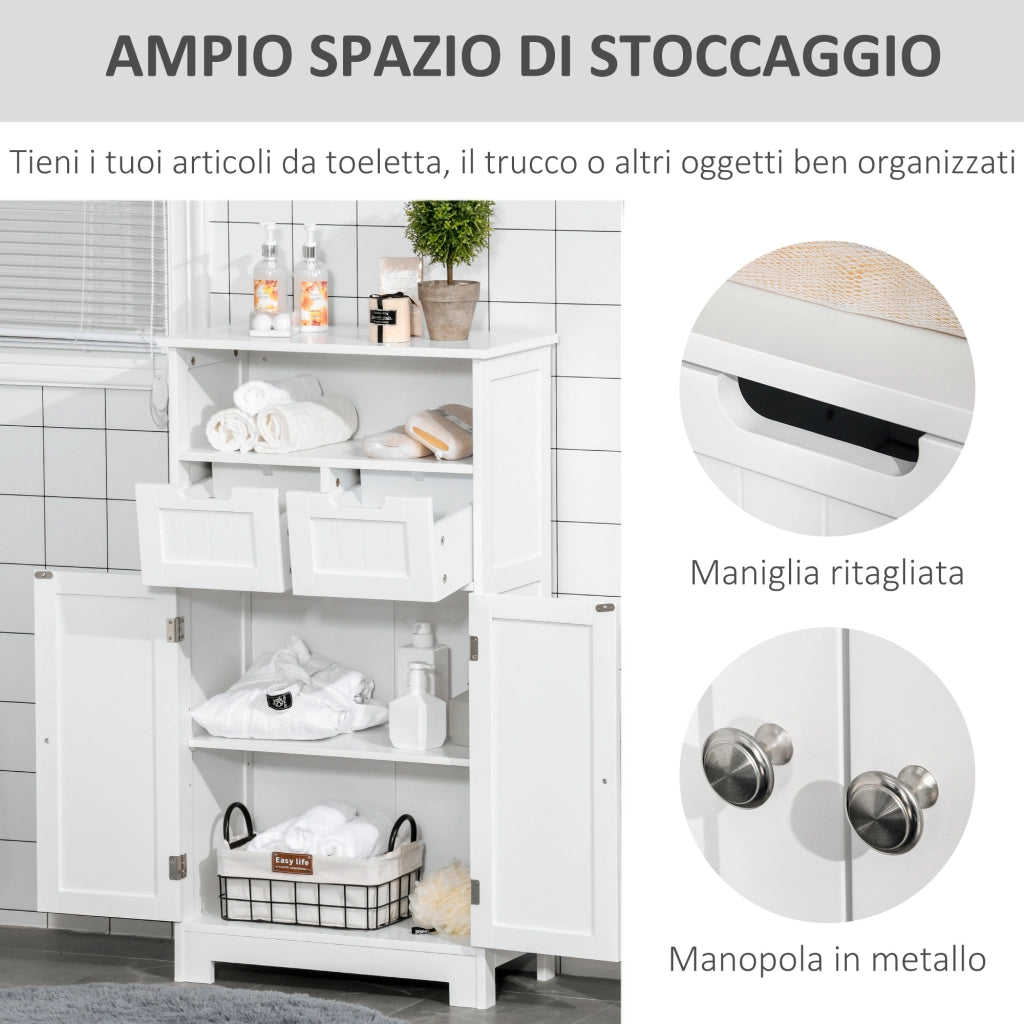 Mobile Bagno Multiuso Salvaspazio, Armadietto da Bagno con Armadietto 2 Ante, Mensola e 2 Cassetti Regolabili, 60x30x108.8cm, Bianco