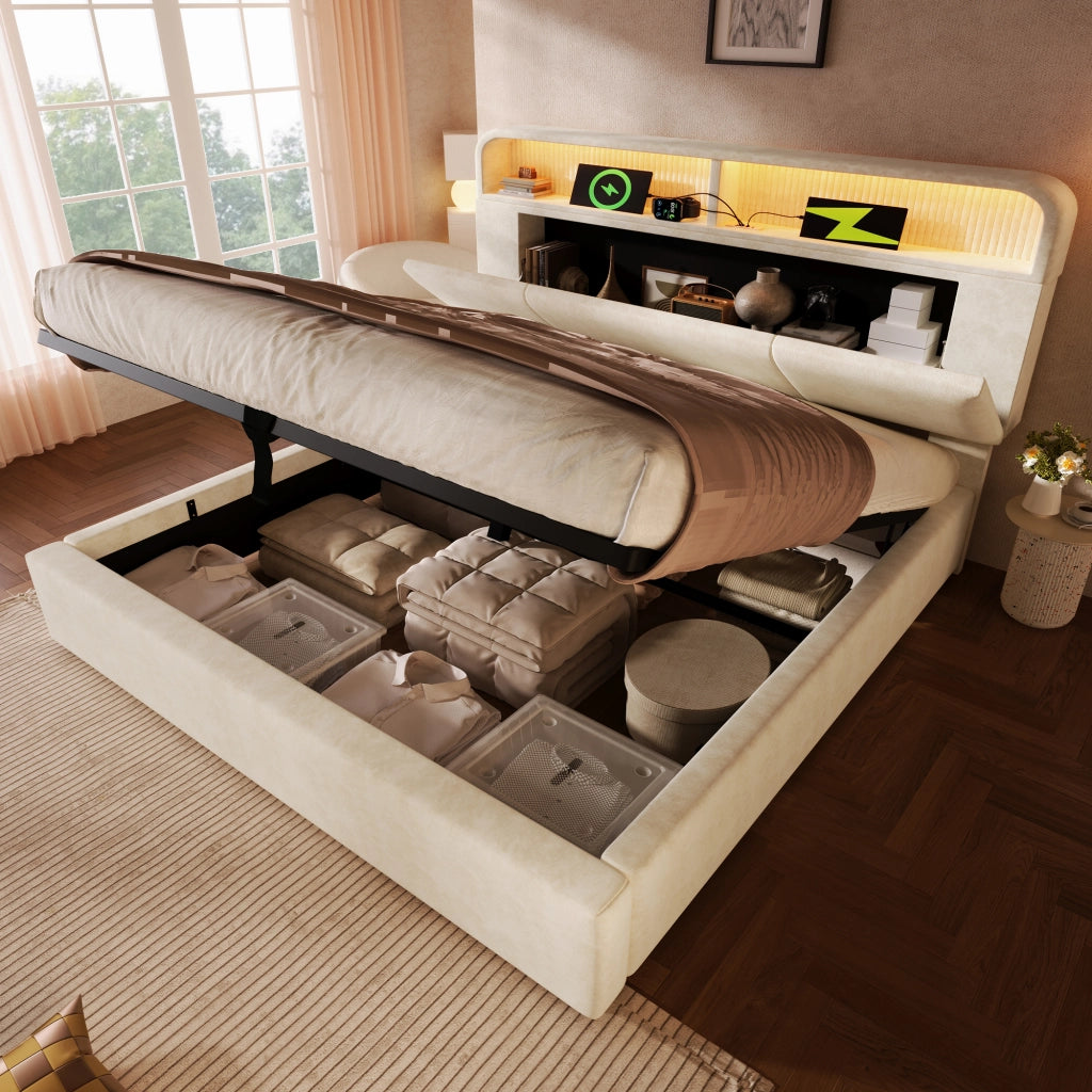 OKWISH Letto Contenitore 160×200 cm, Letto Matrimoniale con Contenitore, USB, Tipo C, LED Regolabile e Testiera Regolabile, senza Materasso, Velluto, Beige