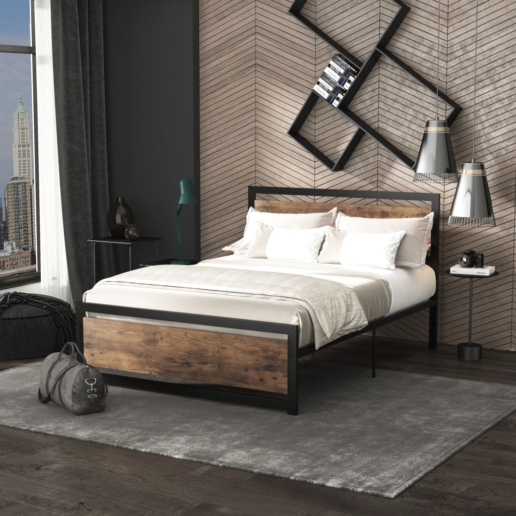 Letto matrimoniale in metallo con testiera e rete a doghe ¨C Xylo ¨C 140x190 cm effetto legno scuro