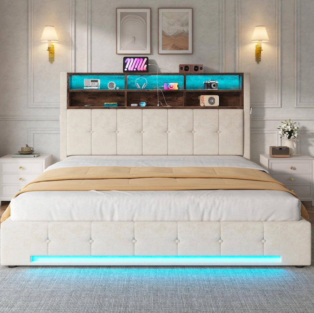 Letto 160x200 cm con contenitore; LED e USB-C in velluto beige