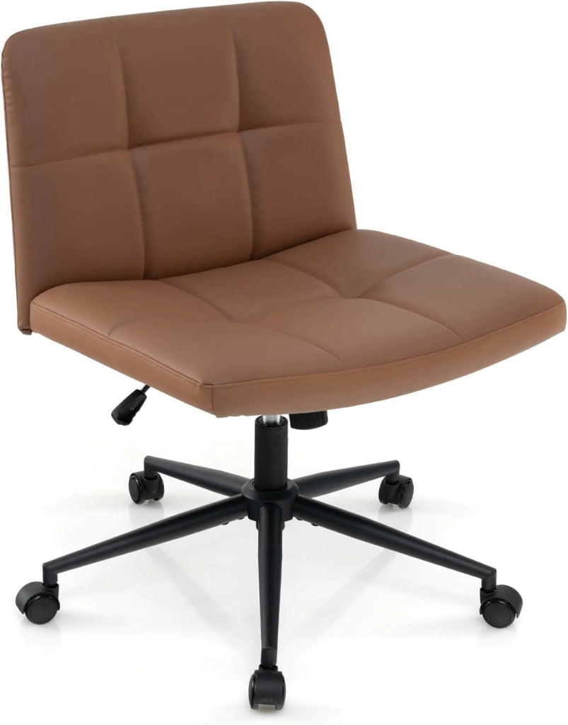 Sedia da Ufficio con Ruote, Sedia Scrivania a Gambe Incrociate Rivestita in Pelle PU, Sedia Ufficio con Altezza e Regolabile Regolabile, Sedai senza Braccioli, Portata 150 kg (Marrone)