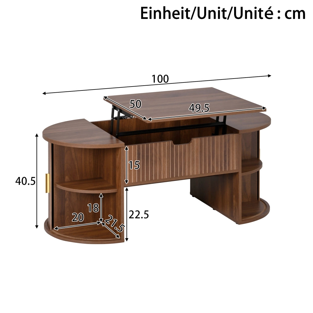 Tavolino da caffè alzabile con 2 ante scorrevoli e ripiani aperti; in MDF; Noce; 100 x 50 x 40.5 cm
