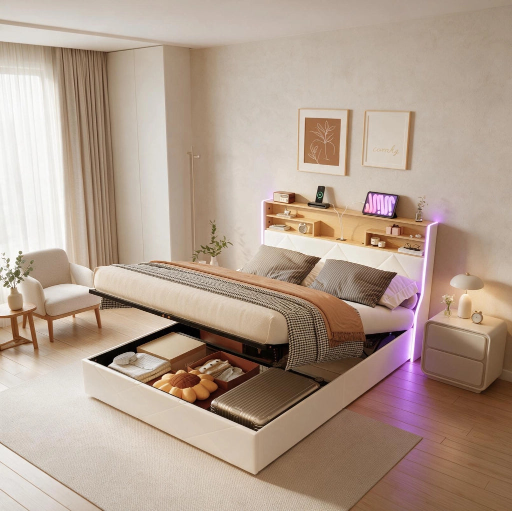 Letto matrimoniale 160x200 cm con contenitore LED USB Type-C testiera rete a doghe struttura letto metallo legno PU -bianco