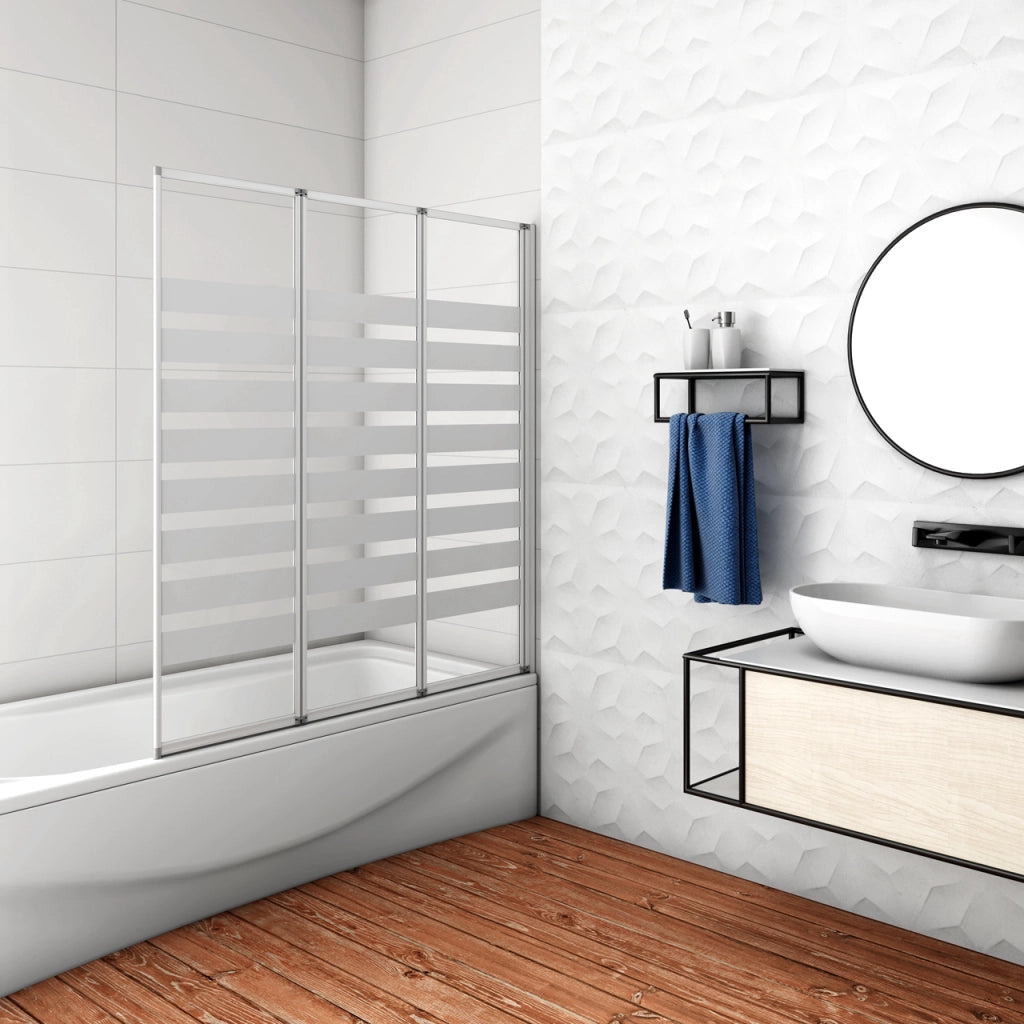 100x140 cm Parete Vasca da Bagno Doccia 3 Ante Pieghevoli a Libro Montaggio Verso Destro Vetro 4 mm Temperato Fasce Bianche Opache Telaio Argento Opaco