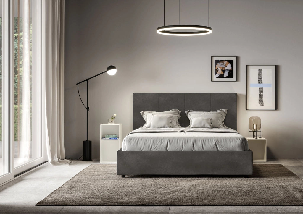 BS COM Letto queen size senza rete imbottito 150x190 microfibra grigio