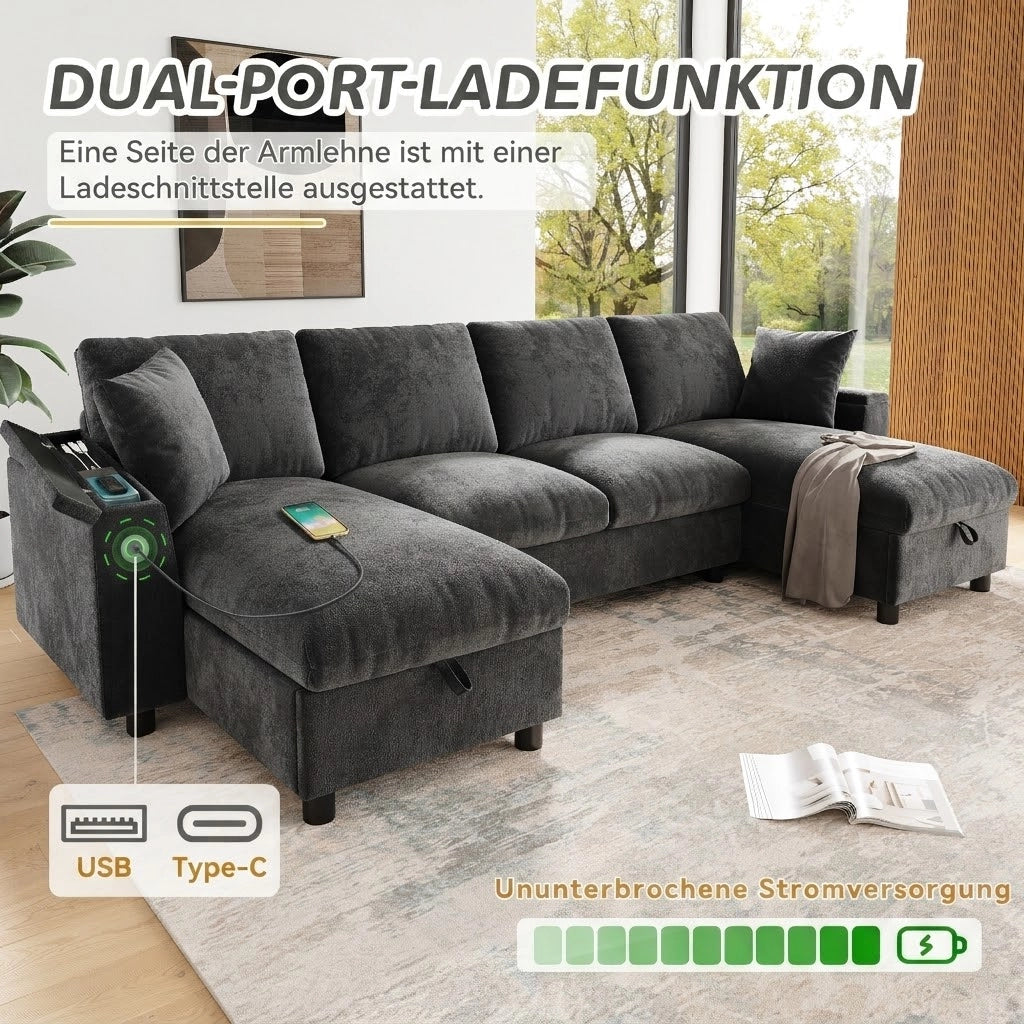 DIVANO U con chaise longue, 279x135x84 cm, Chenille Grigio, USB e Type-C