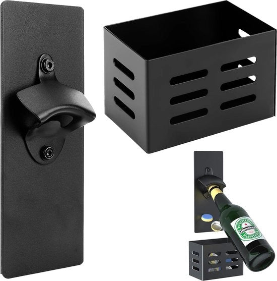 Flesopener per muro, con contenitore di raccolta, in acciaio inossidabile, per aprire bottiglie di birra