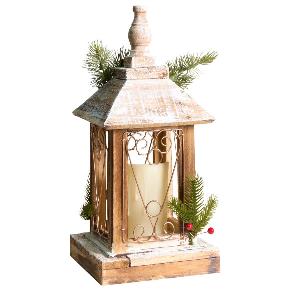 Lanterna LED in legno di abete marrone scuro Decorazione natalizia tradizionale fatta a mano