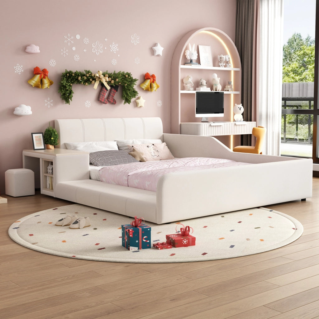 LETTO 140x200 cm in velluto bianco con scrivania, sgabello e ripiano