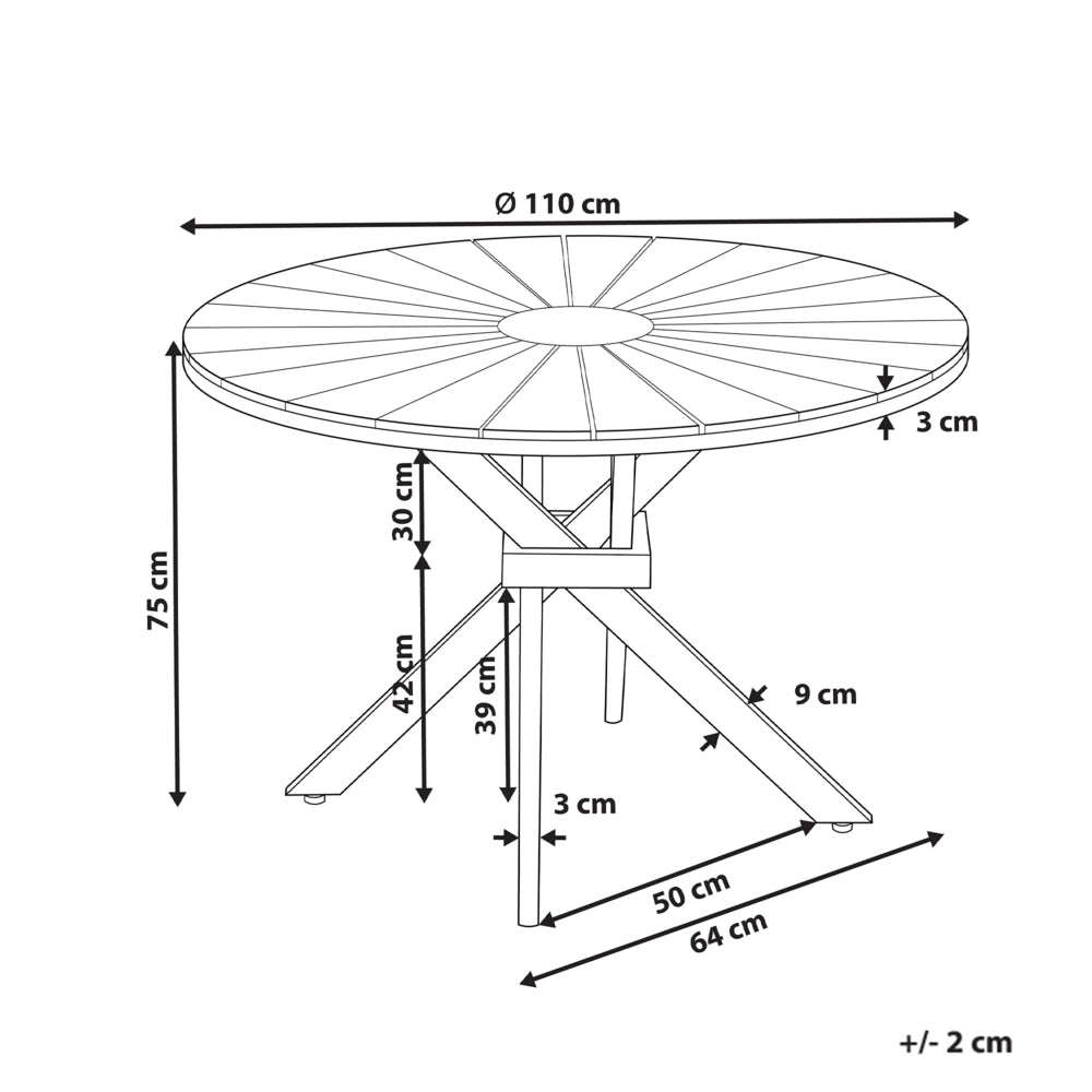 Tavolo da pranzo da giardino in legno chiaro di acacia piano rotondo 110 cm design a doghe per interni esterni