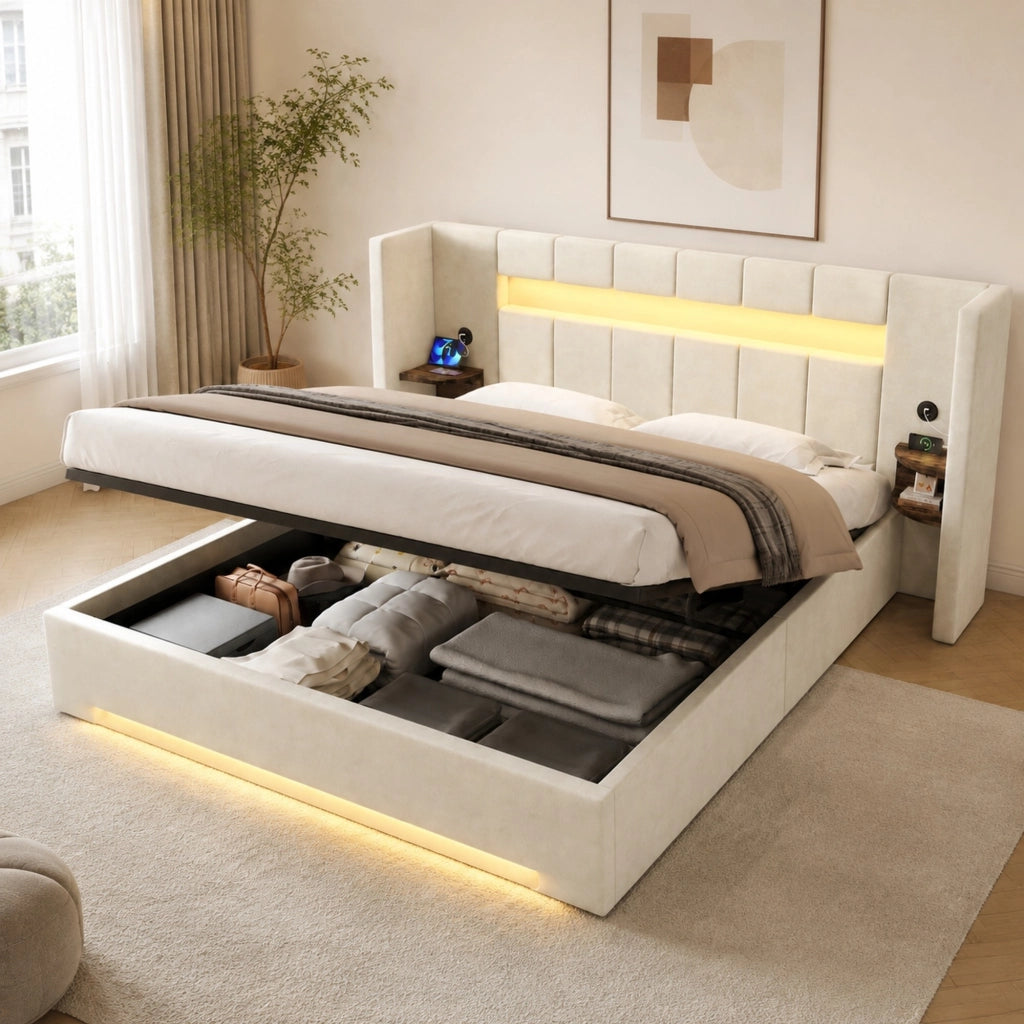 DESMIU Letto contenitore 180 × 200 cm 2 posti con USB, LED, vani portaoggetti, senza materasso, in velluto, beige