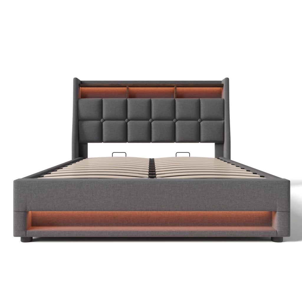 Letto matrimoniale contenitore 140×200 cm con LED; USB; testiera imbottita e materasso incluso; grigio