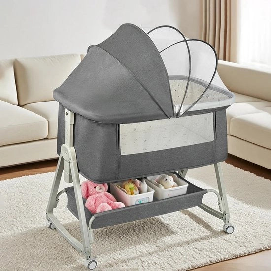 Culla Co-Sleeping 4-in-1, regolabile in 6 posizioni, con base, 15° inclinazione, ruote con freni