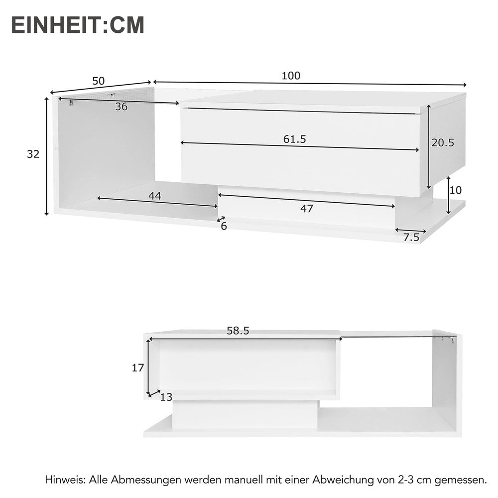 Tavolino da Caff¨¨ con Piano in Vetro e Cassetto, LED ¨C MINIMAL ¨C Bianco Lucido 100x50x32