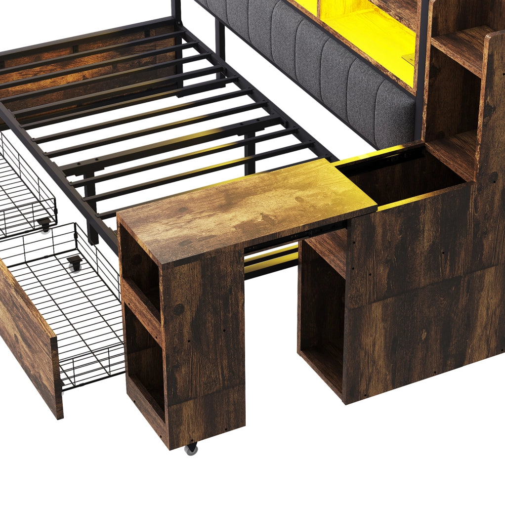 Letto singolo multifunzione 90x200 cm in metallo e legno; color legno naturale; con scrivania e vani contenitore