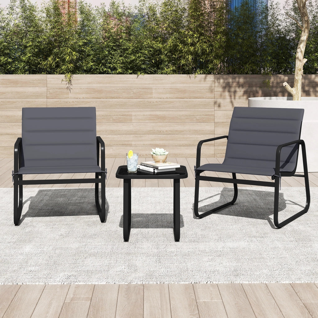 Set bistrò da esterno 3 pezzi metallo moderno piano vetro temperato cuscini rimovibili-Sedie da giardino traspiranti set relax per cortile esterni