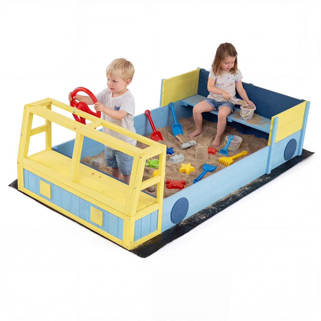 Sabbiera per bambino in legno con panca volante orientabile e rivestimento, Gioco da spiaggia a forma di autopompa