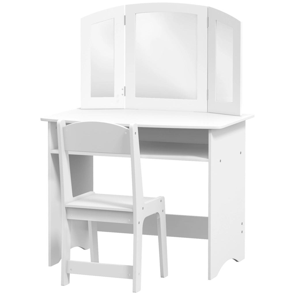 Set da Trucco per Bambini con Tavolo Toeletta con Specchio Triplo Rimovibile e Sedia in Legno Bianco