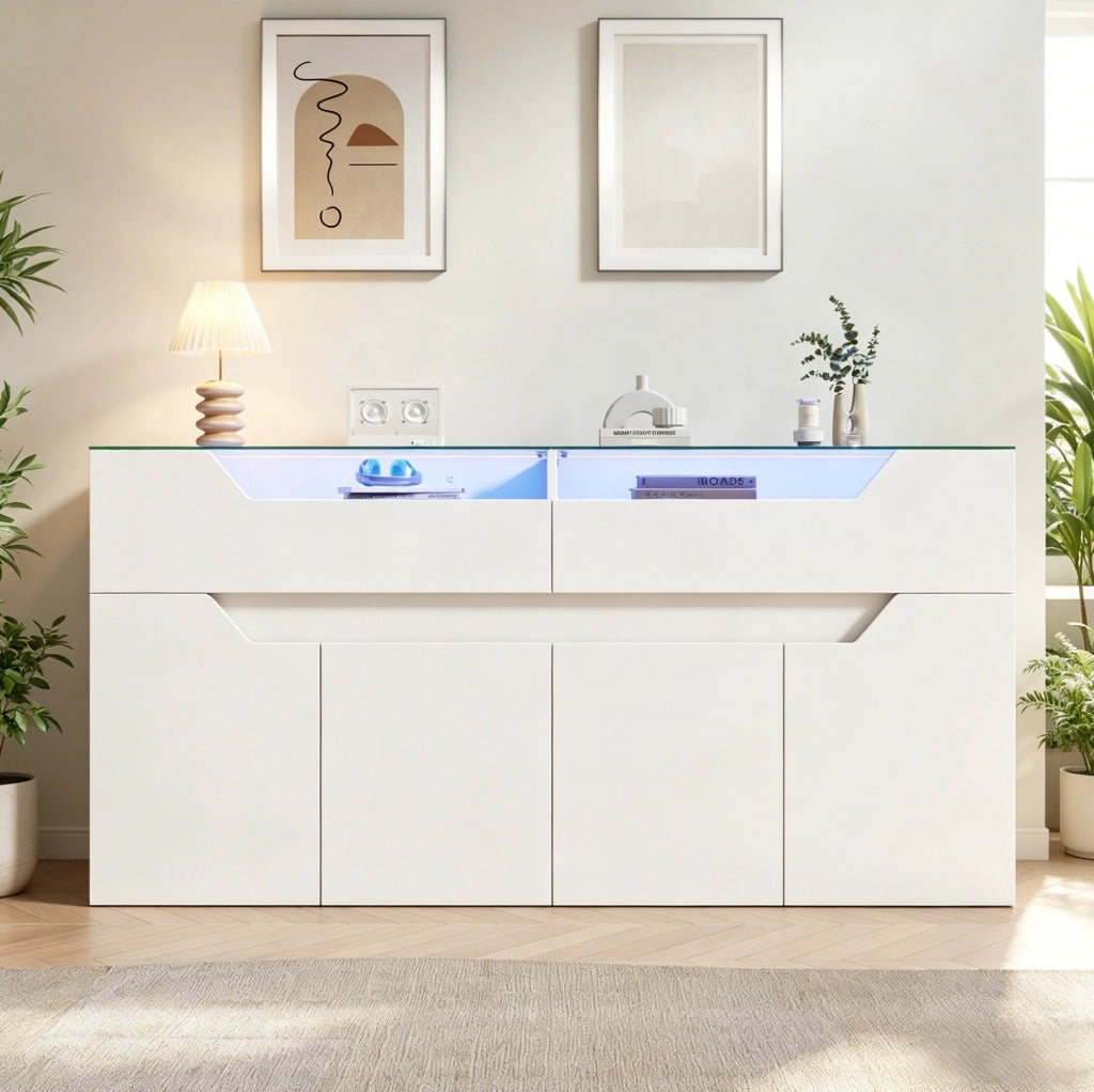 Credenza sideboard 140x40x70 cm in MDF bianco con piano in vetro temperato e LED
