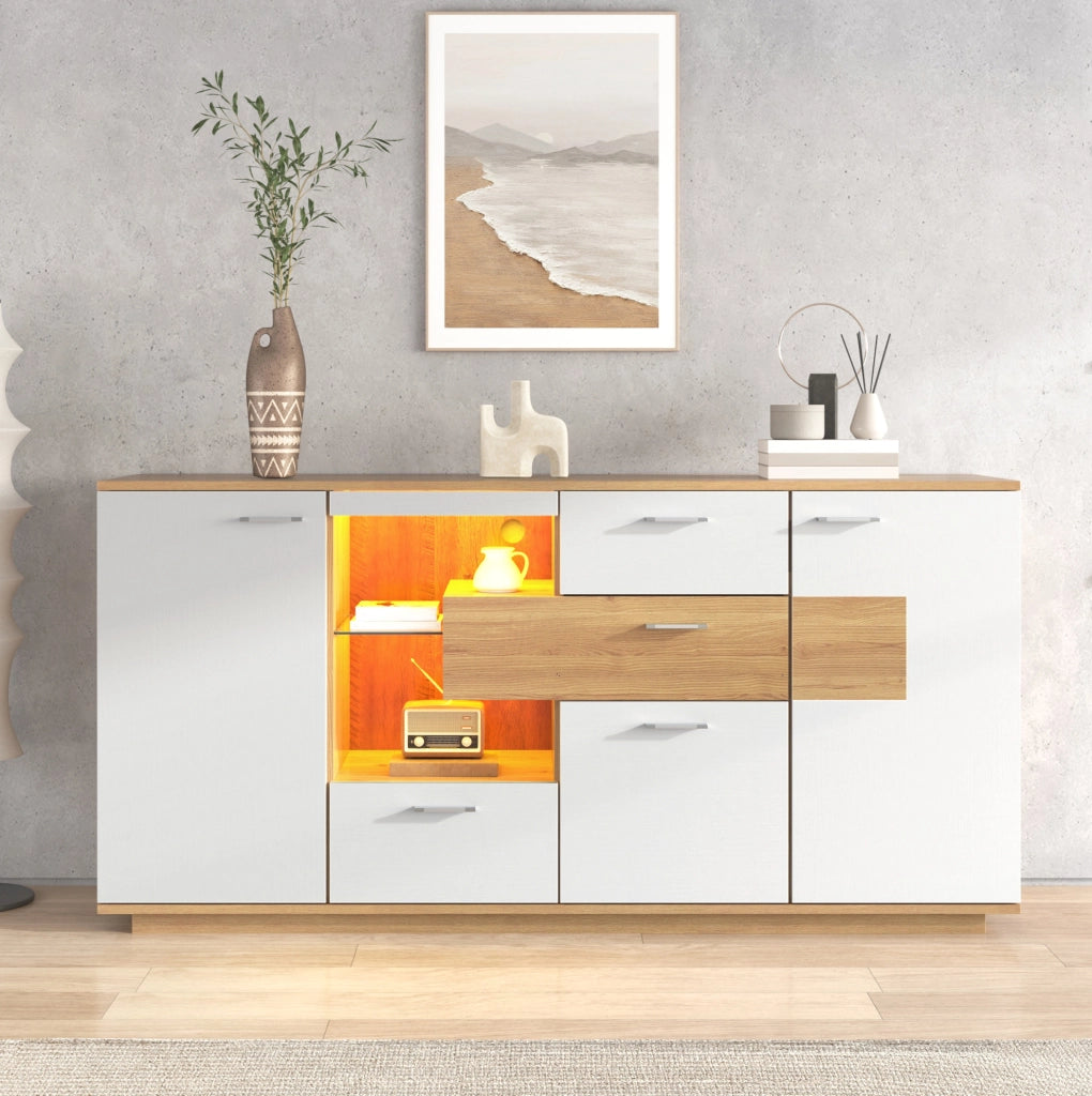 Sideboard moderno 160x40x77 cm con LED; 2 ante; 4 cassetti; MDF; legno e bianco