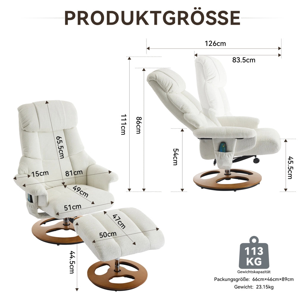Poltrona Relax Massaggiante Reclinabile con Poggiapiedi Girevole ¨C MINIMAL ¨C Tessuto Chenille Bianco