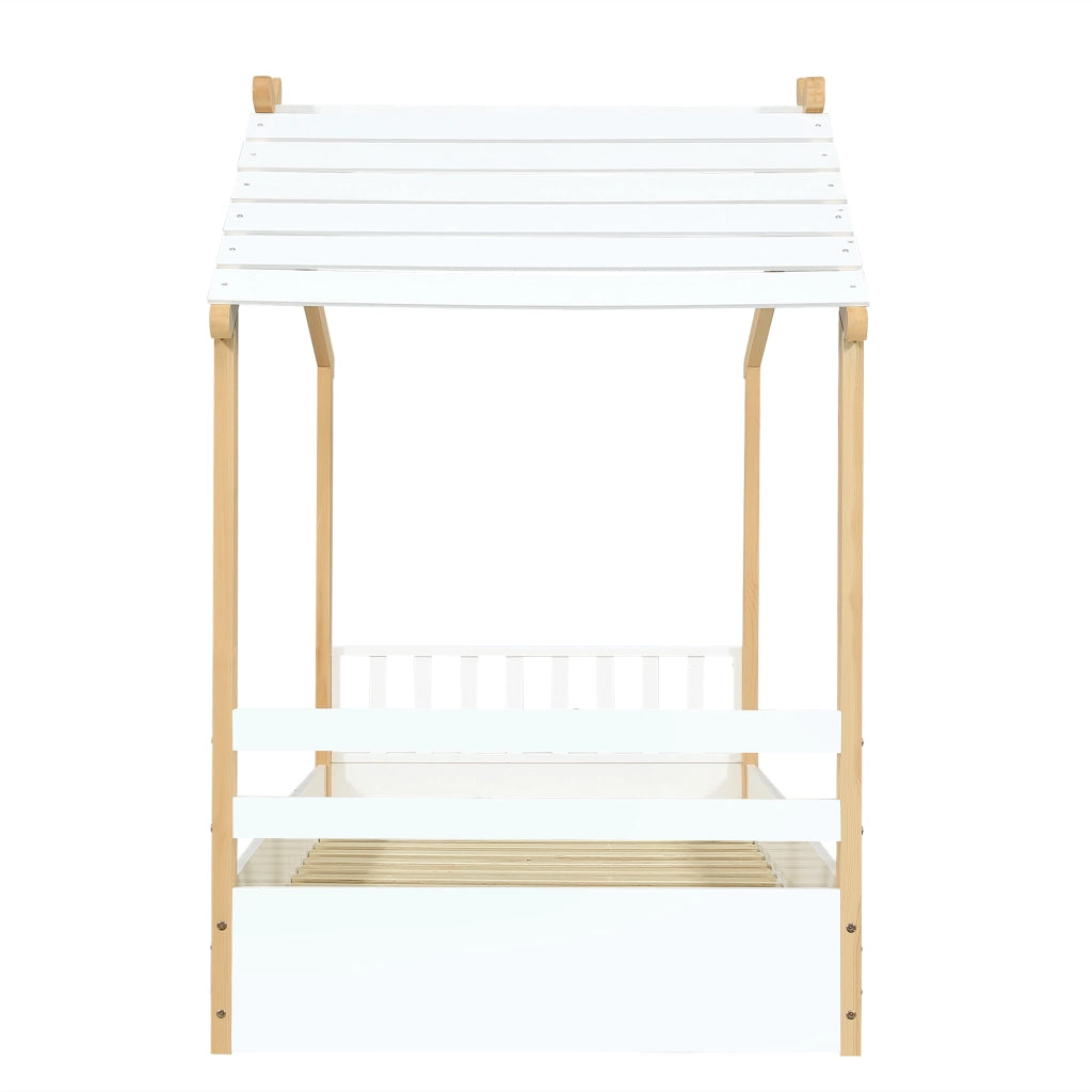 Letto per bambini a forma di casetta 90x200 cm, legno bianco e naturale, con reti a doghe stabili, struttura in pino, truciolare e MDF