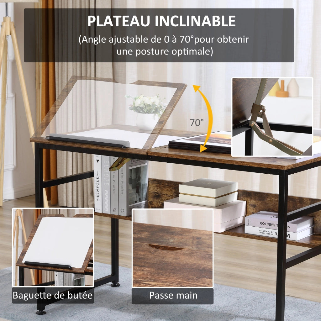 Tavolo da disegno inclinabile ¨C zephmum ¨C design industriale, piano regolabile, ripiano, effetto legno vecchio, metallo nero