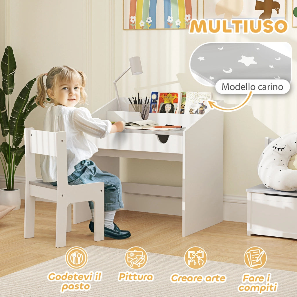 Set Sedia e Tavolino Bambini ¨C Xylo ¨C Legno Grigio con Cassetto Organizzatore 3-6 Anni
