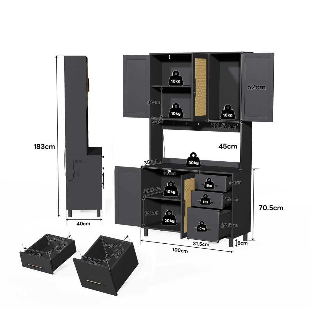 Credenza con LED controllabile da app in rattan; MDF; nero