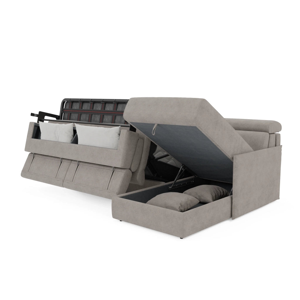 Miryam divano letto angolare compatto - poggiatesta reclinabili e penisola contenitore in tessuto smacchiabile T31 252 cm sinistro grigio perla