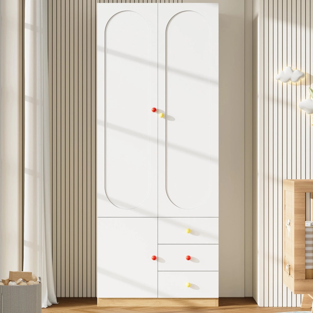 Armadio per bambini, 3 cassetti, maniglie in ceramica colorata, finitura effetto legno, bianco