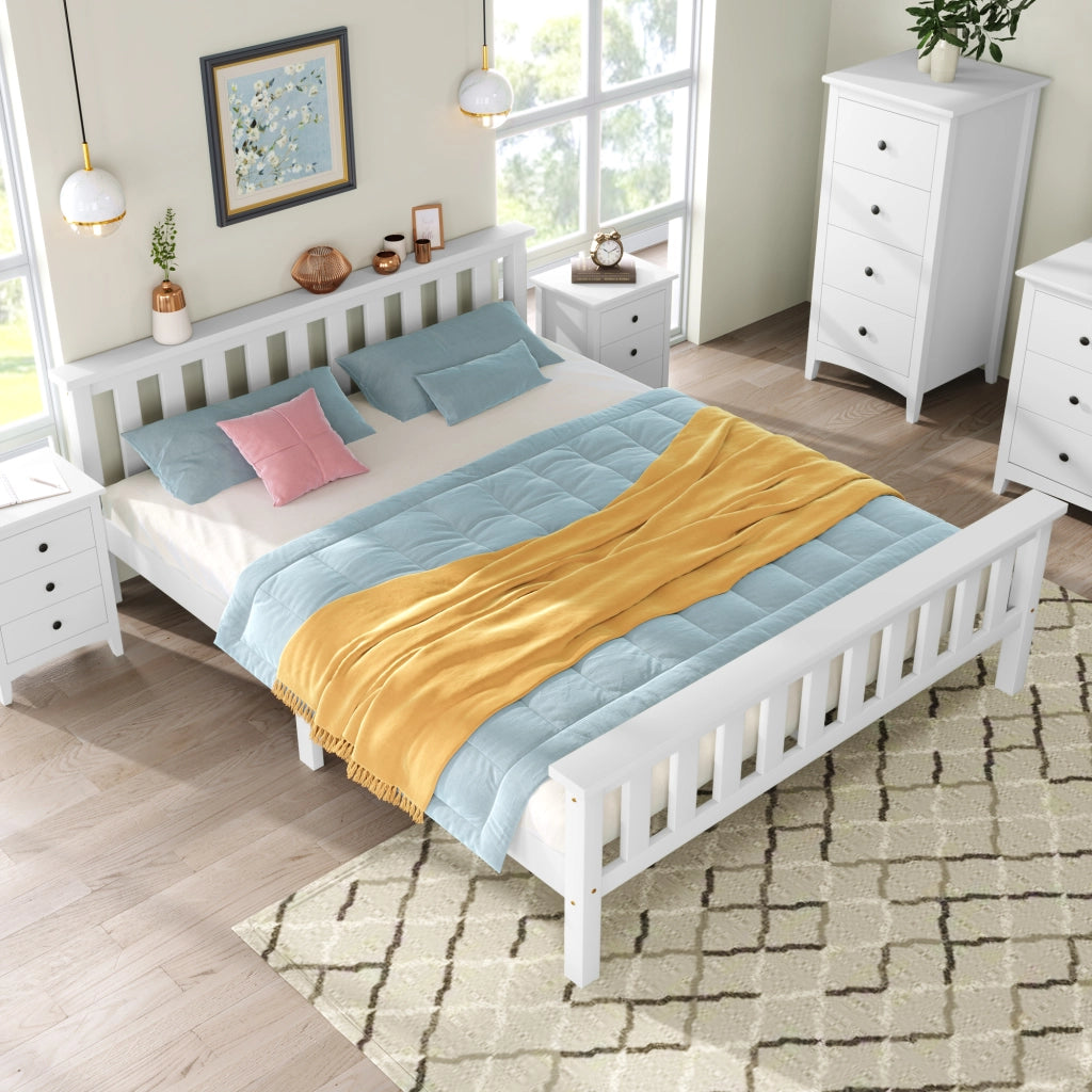 Letto matrimoniale, letto in legno 140 x 200 cm, letto in legno massello con rete a doghe, letto in pino per adulti, bambini, ragazzi, bianco