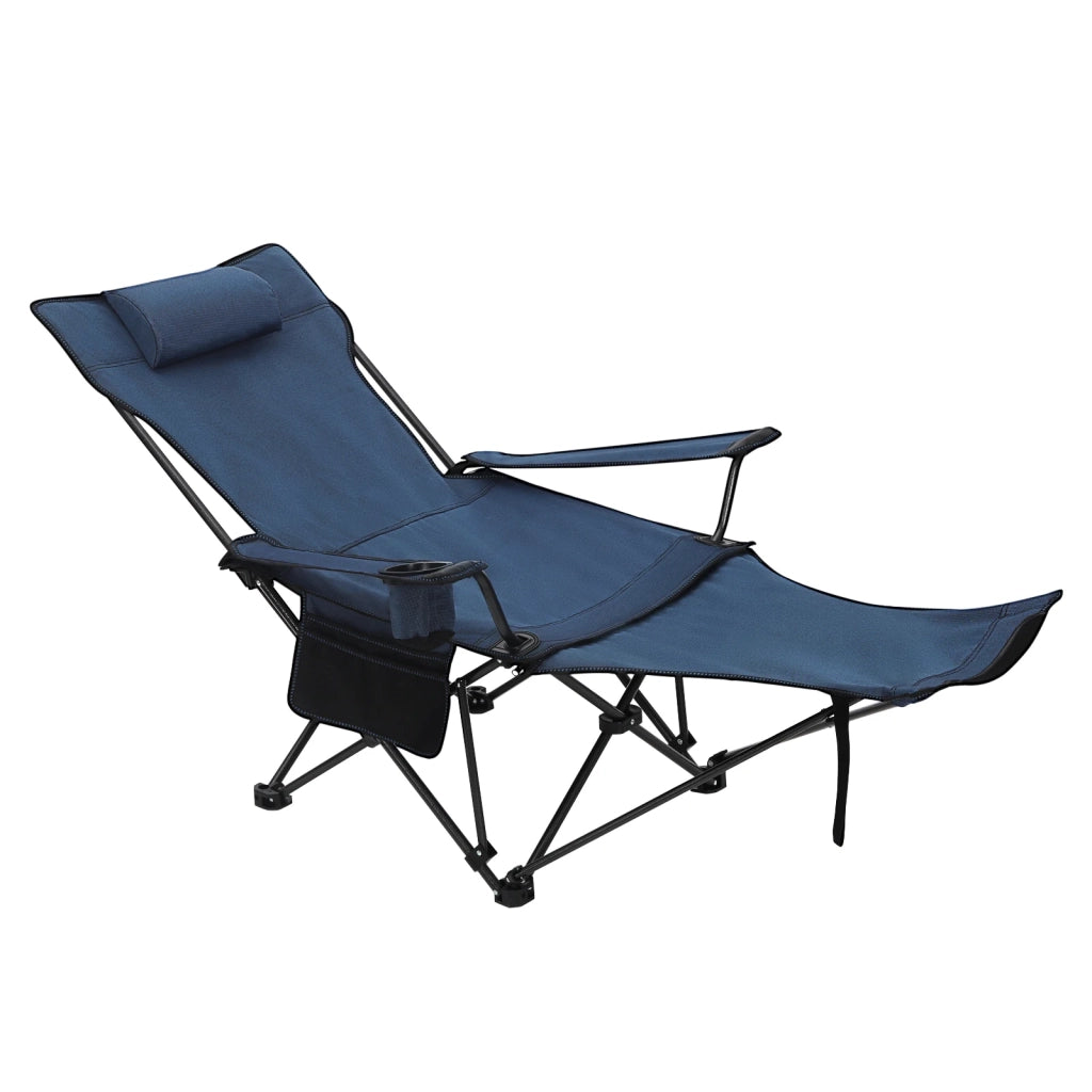 Sedia da campeggio pieghevole con poggiapiedi estraibile, schienale regolabile, portabicchieri, 150 kg, blu