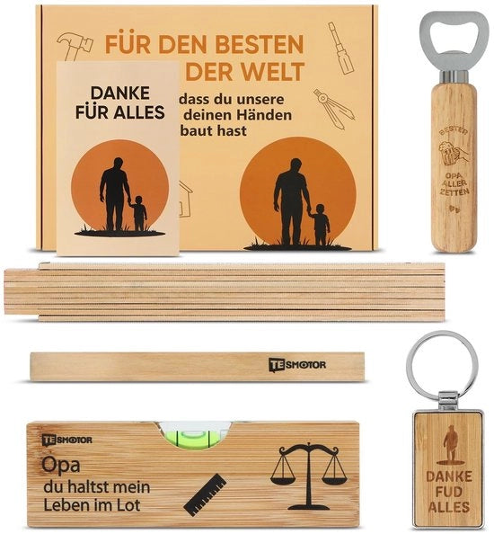 Set di regali per nonno, 6 pezzi con asta di legno, apripomodoro, matita, anello per chiave, livella e cartolina di auguri, regalo personalizzato per nonno per compleanno, padre
