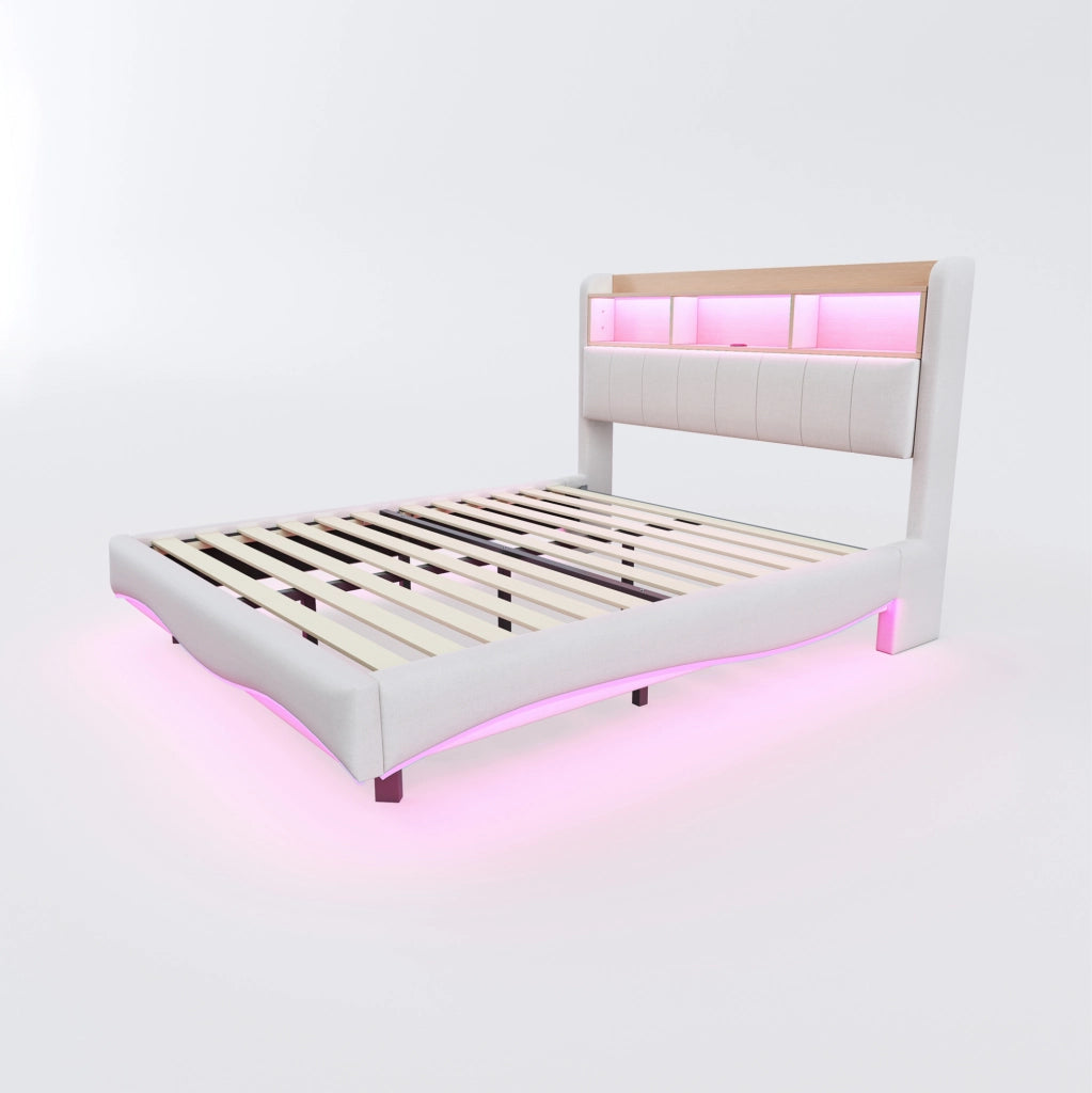 Letto matrimoniale imbottito sospeso 140x200 cm con LED; USB e Type-C; beige